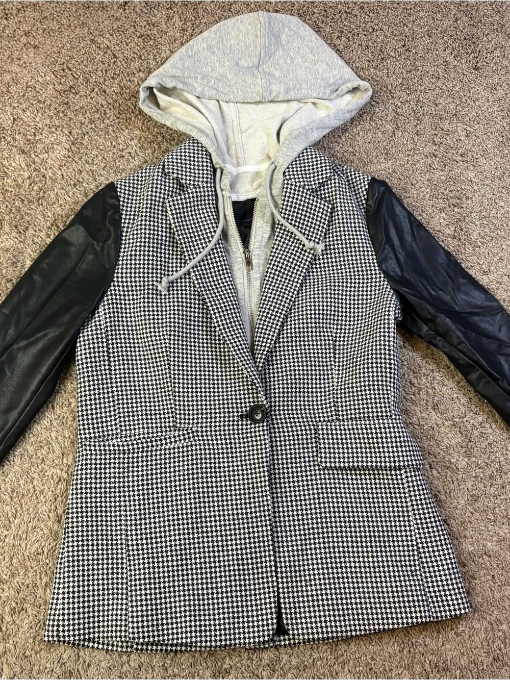 SIX/FIFTY Drew Mixed Media Houndstooth Hooded Blazer Faux Leather Sleeves XS